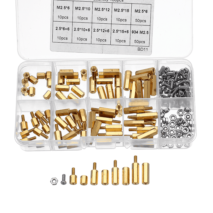 Suleve‚Ñ¢ M2.5BH1 180Pcs M2.5 Brass Male-Female Hex Column Standoff Support Spacer Pillar Cross Screw Nut Assortment for PCB Board