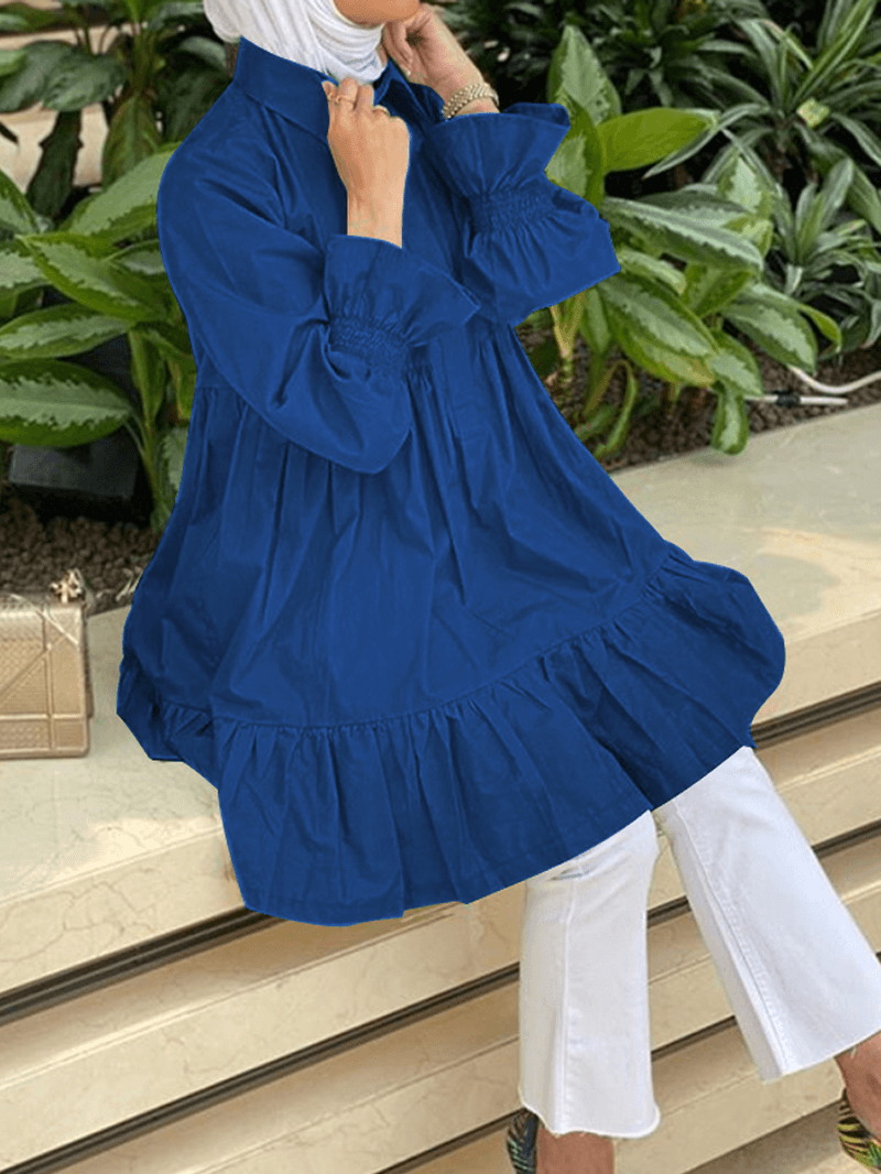 Women Half Button Lapel Tiered Ruffle Sleeve Solid Casual Blouses