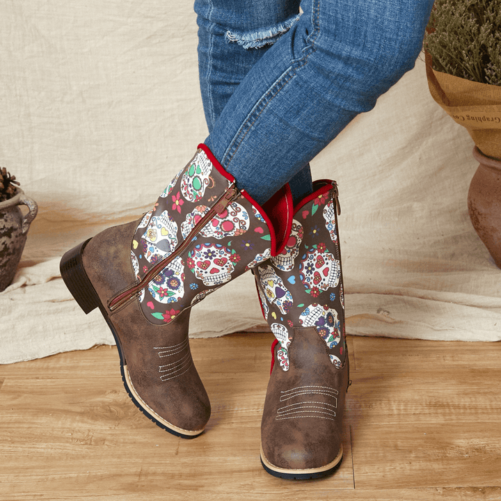 Women Retro Flower Printing Pointed Toe Zipper Mid-Calf Cowboy Boots