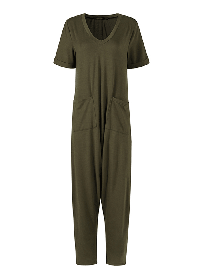 Women Short Sleeve V-Neck Loose Pocket Harem Jumpsuits