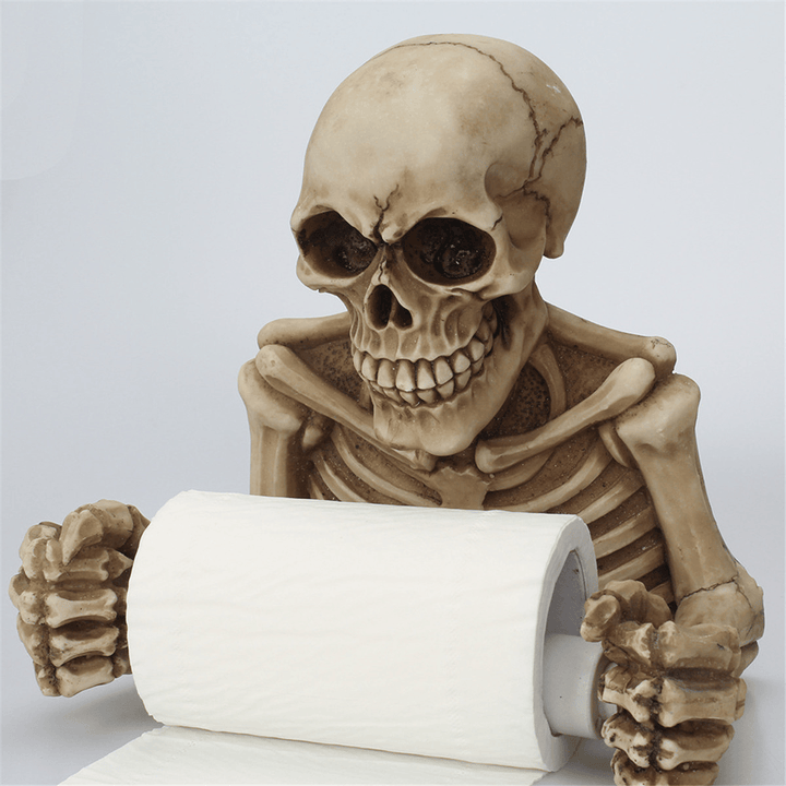 Halloween Creative Skull Statue Roll Paper Holder Wall Mount Resin Sculpture for Bathroom Decor