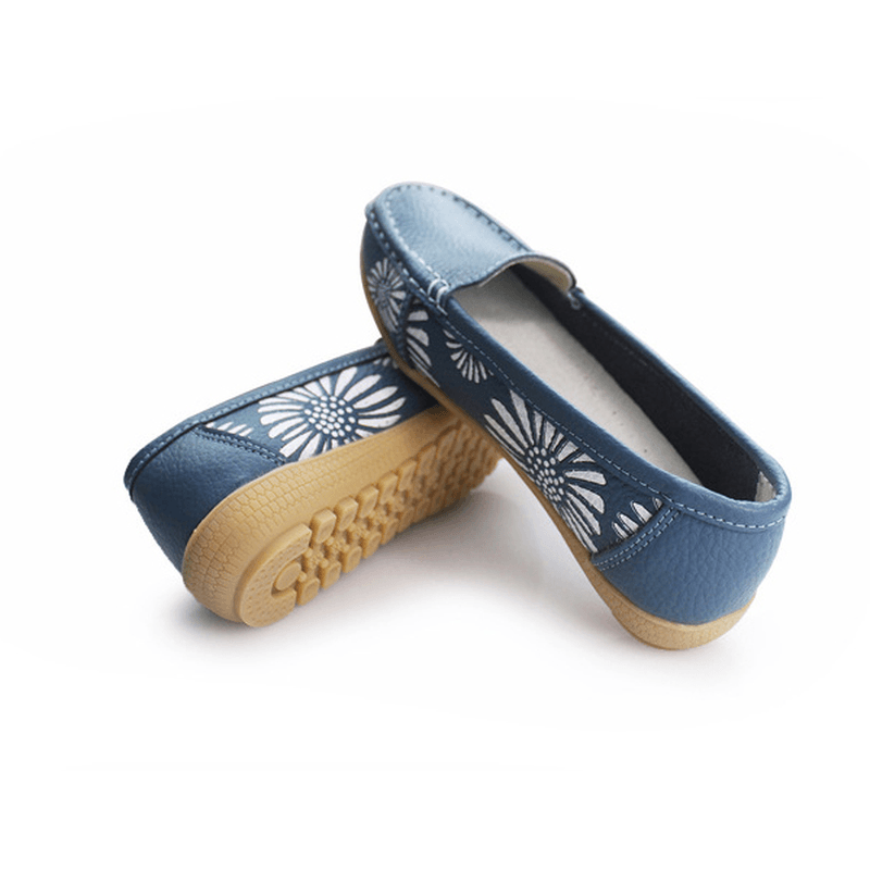 Women Flats Shoes Comfortable Slip-On Soft Casual Flower Floral Leather Loafers Flats Shoes