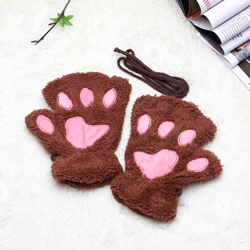 Women Girls Fluffy Plush Bear Cat Paw Fingerless Gloves Paw Glove Winter Warm Mittens - MRSLM