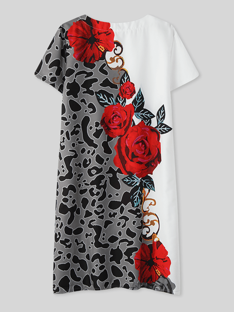 Women Leopard Floral Print V-Neck Casual Short Sleeve Dress