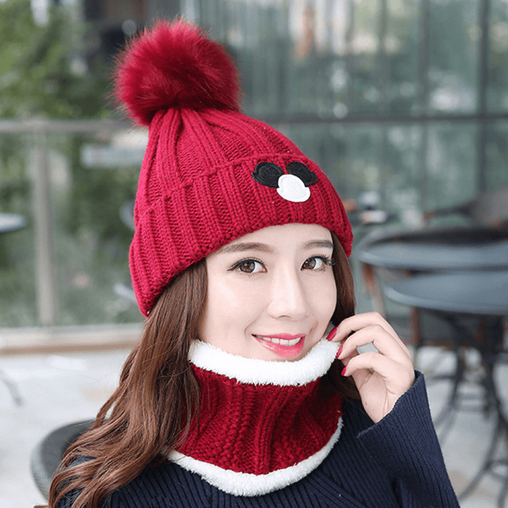 Women Windproof Thicken plus Velvet Knit Hat Scarf Set Winter Earmuffs Beanie Cap - MRSLM