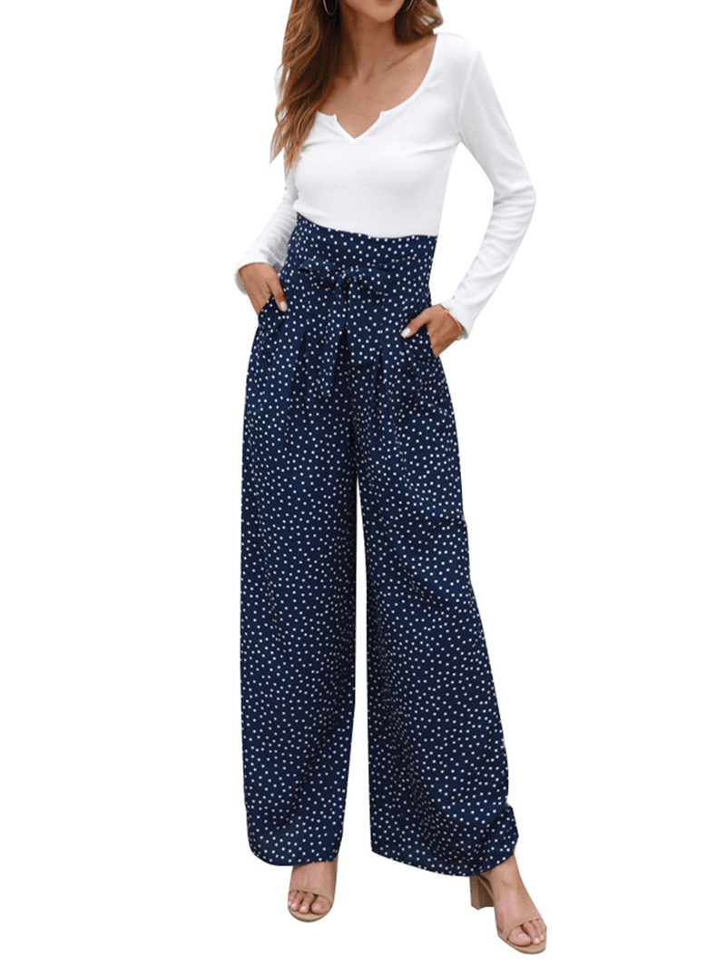 Casual Polka Dot Print High Waist Bow Wide Pants with Pocket