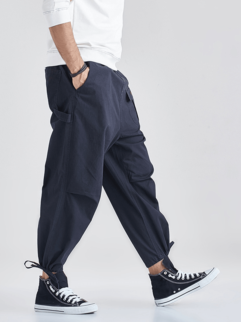 Mens 100% Cotton Multi-Pocket Drawstring Navy Jogger Pants