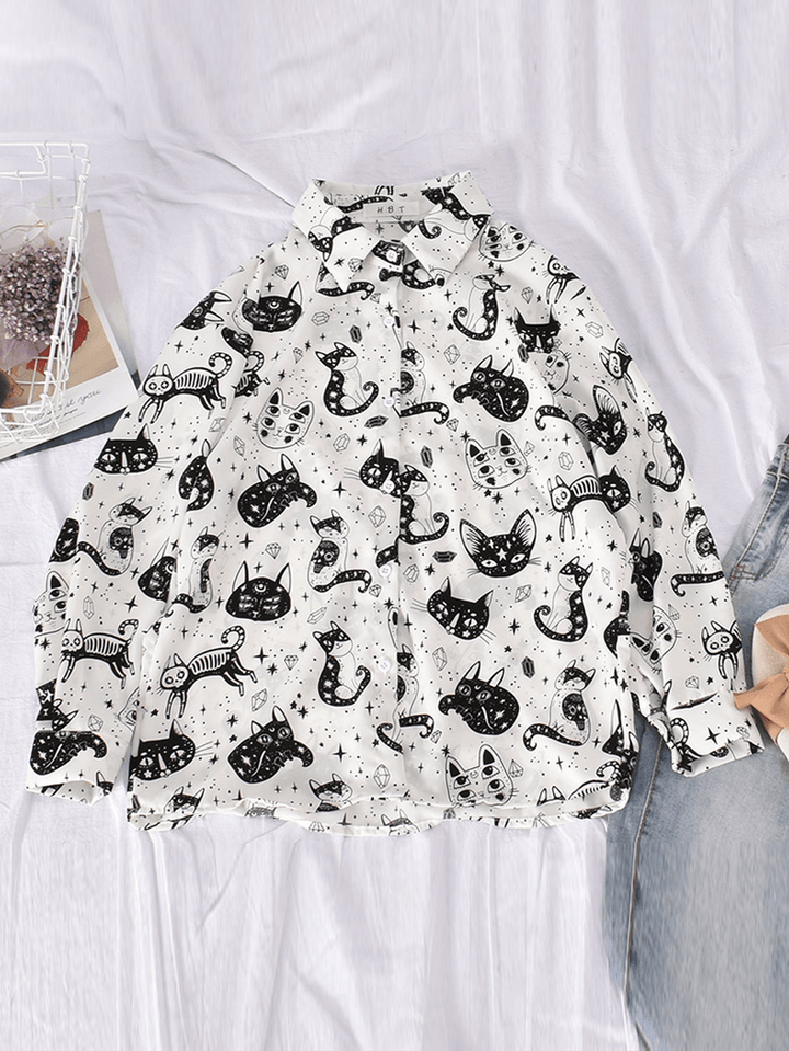 Women Casual Cartoon Cat Funny Print Turn-Down Collar Long Sleeve Button Shirts