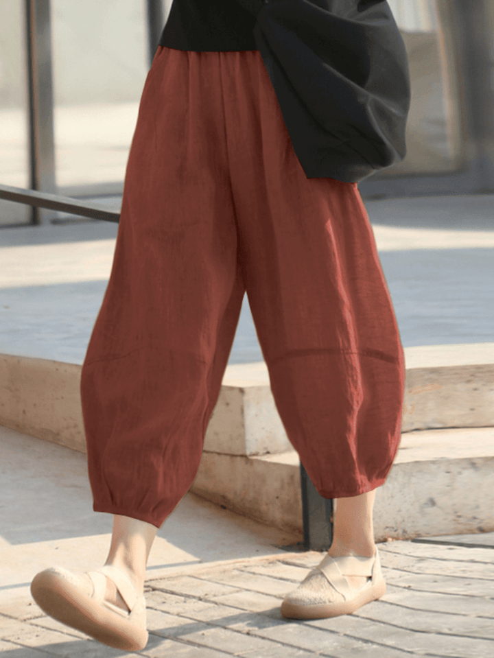 100% Cotton Loose Elastic Waist Mid-Calf Length Thin Pants for Women