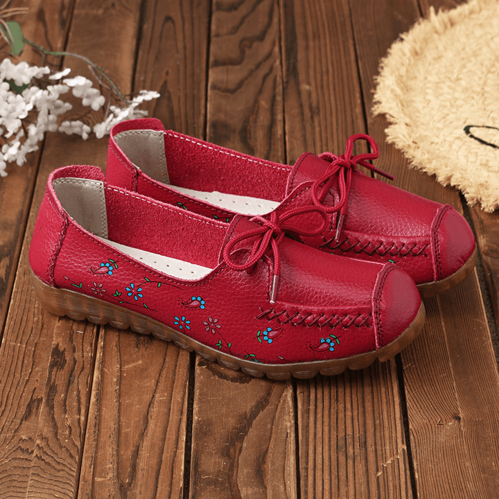 Women Bowknot Flowers Printing Comfy Non Slip Soft Sole Casual Leather Loafers