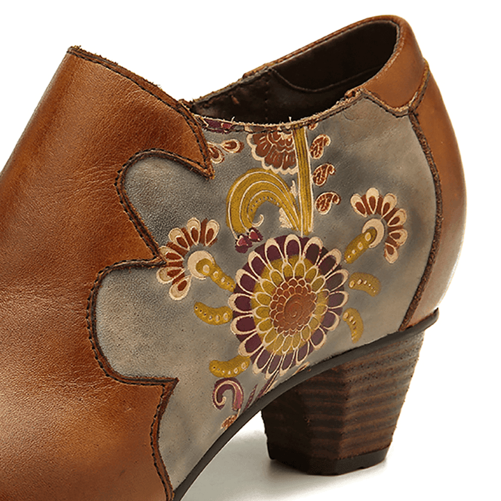 Women Hand Painted Flowers Stitching Leather Zipper Pumps