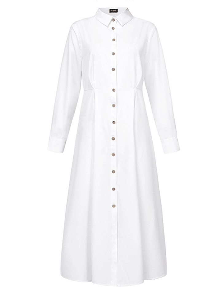 Women Basic Button down Front Lapel Solid Color Long Sleeve Shirt Dress - MRSLM