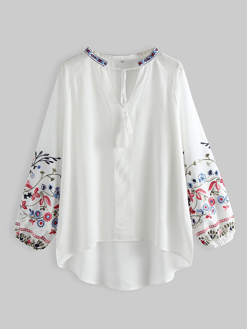 Flower Embroidery V-Neck Drawstring Cuffs Casual Blouse