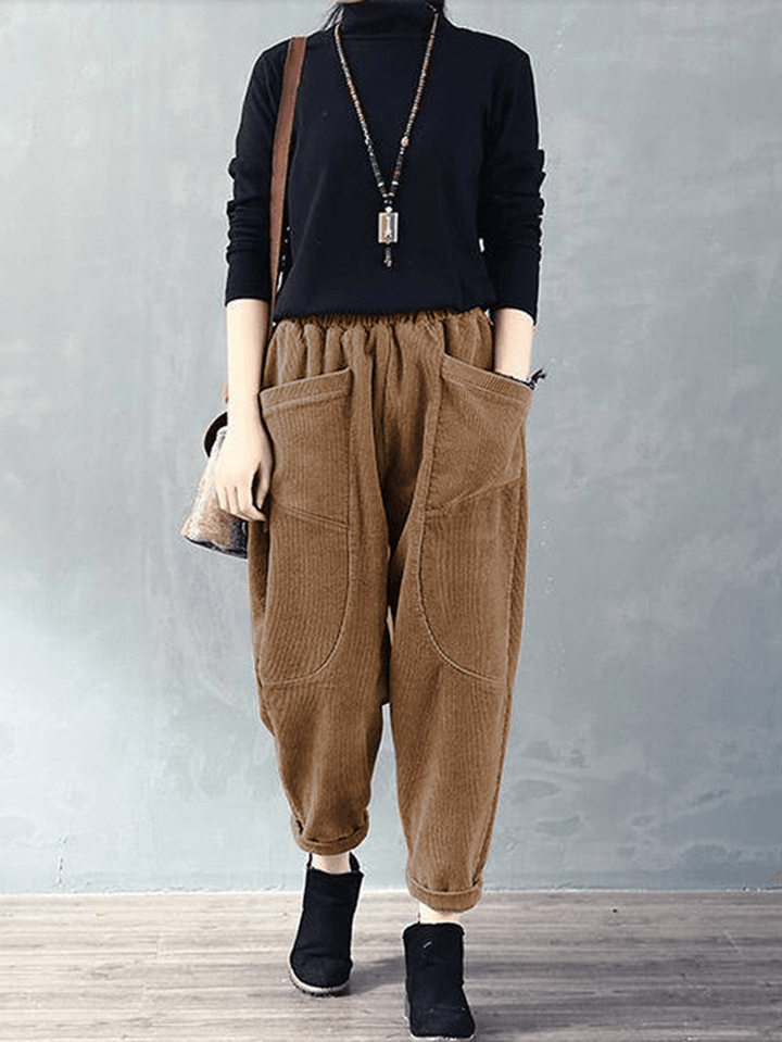 Corduroy Elastic Waist Loose Causal Pocket Pants