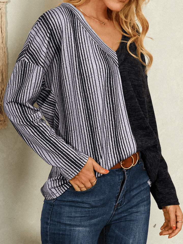 Women Striped Print Patchwork V-Neck Long Sleeve Casual Blouse