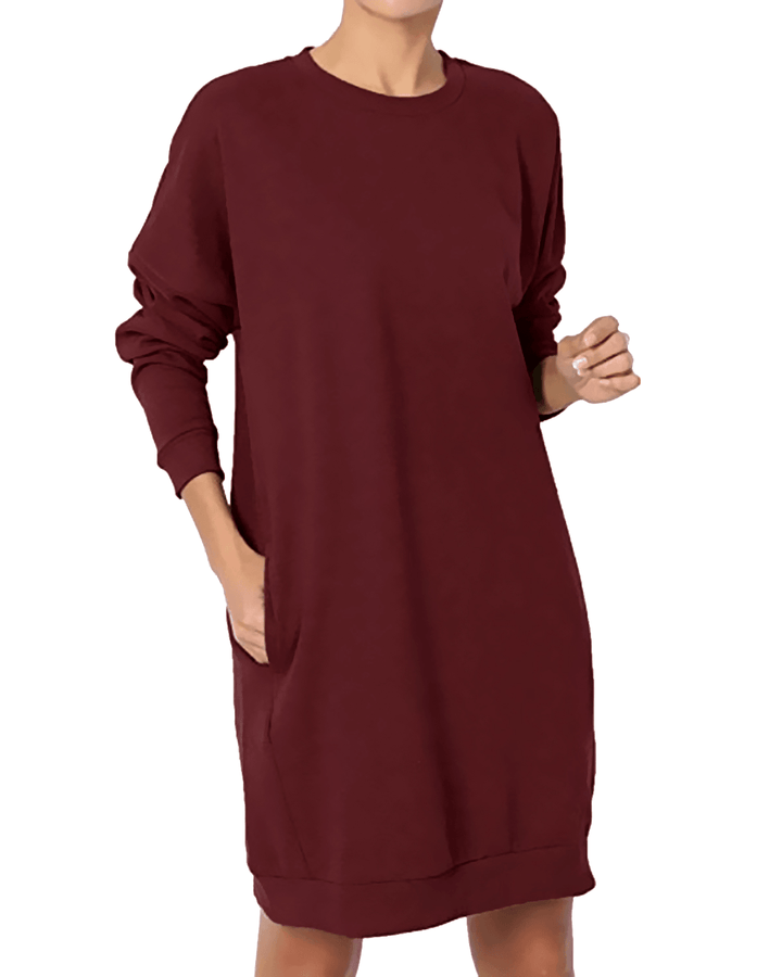 Women Long Sleeve Crew Neck Solid Pullover Loose Hoodie Sweatshirt Dress - MRSLM