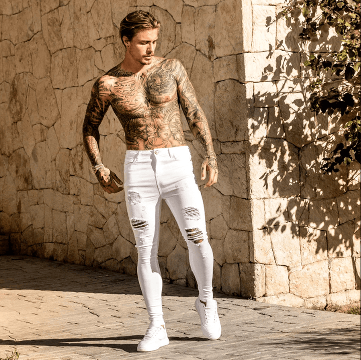 Ripped European and American Black Slim High Waist Jeans Men'S