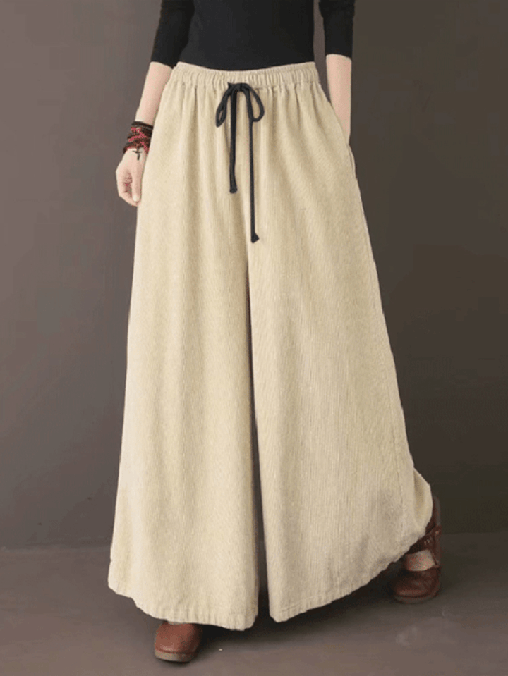 Women Retro Corduroy Solid Casual Drawstring Elastic Waist Wide Leg Pants with Pocket