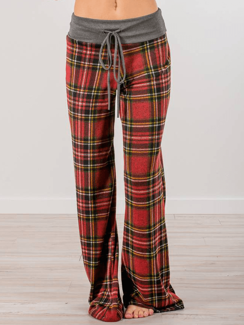 Women Plaid Print Casual Loose High Waist Wide Leg Pants - MRSLM