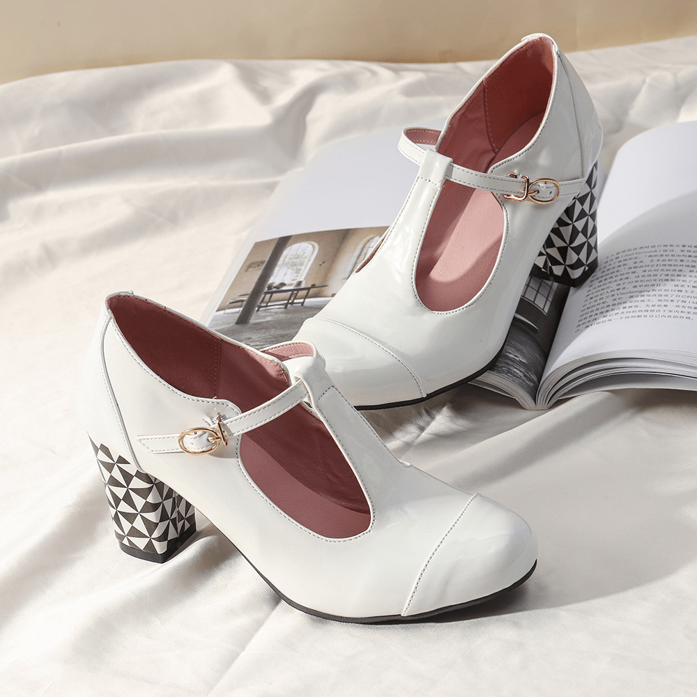 Women T-Strap Geometric Graphic Chunky Heel Cutout Casual High Heels