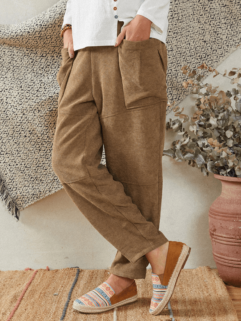 Women Khaki Corduroy Side Pockets Ankle Length Pants