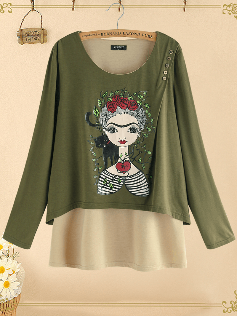 Print Girl Button Long Sleeve Vintage Blouse