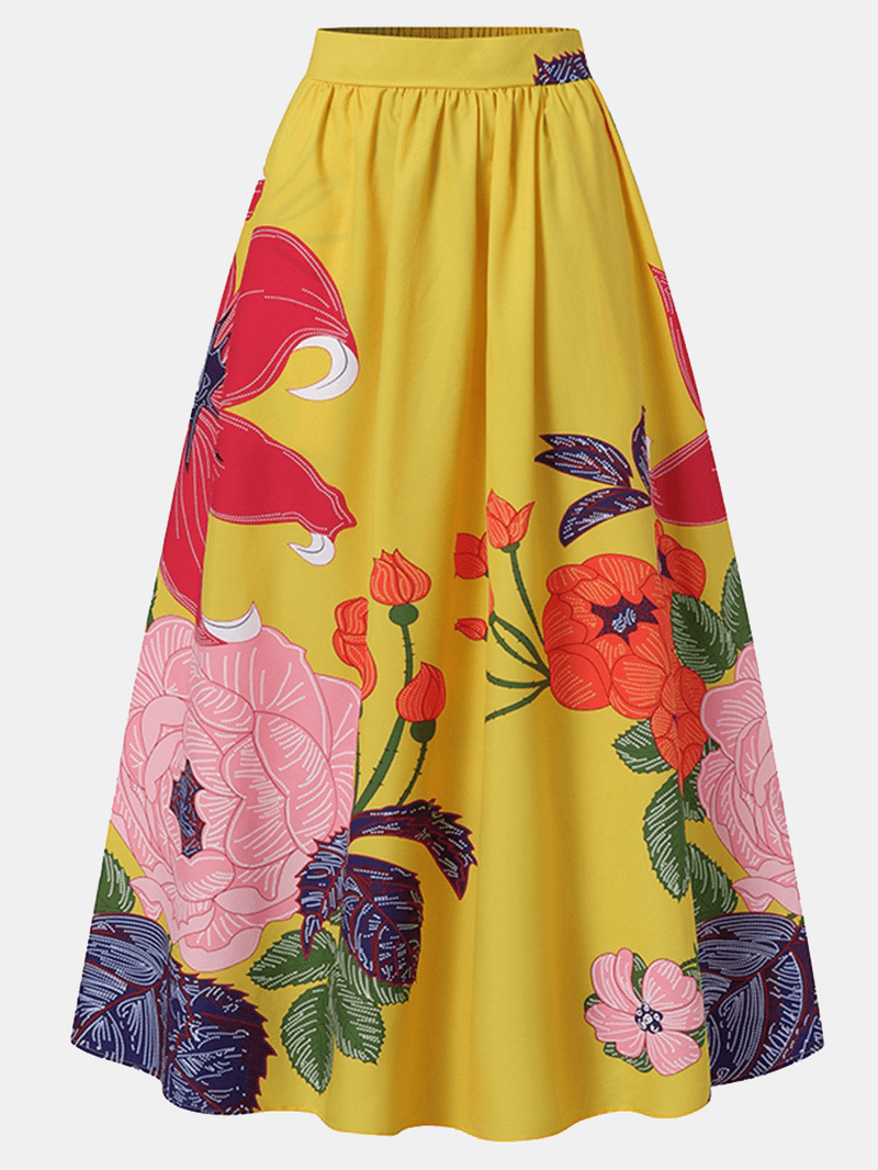 Women Floral Print Casual Elastic High Waisted Holiday Maxi Skirts with Pocket