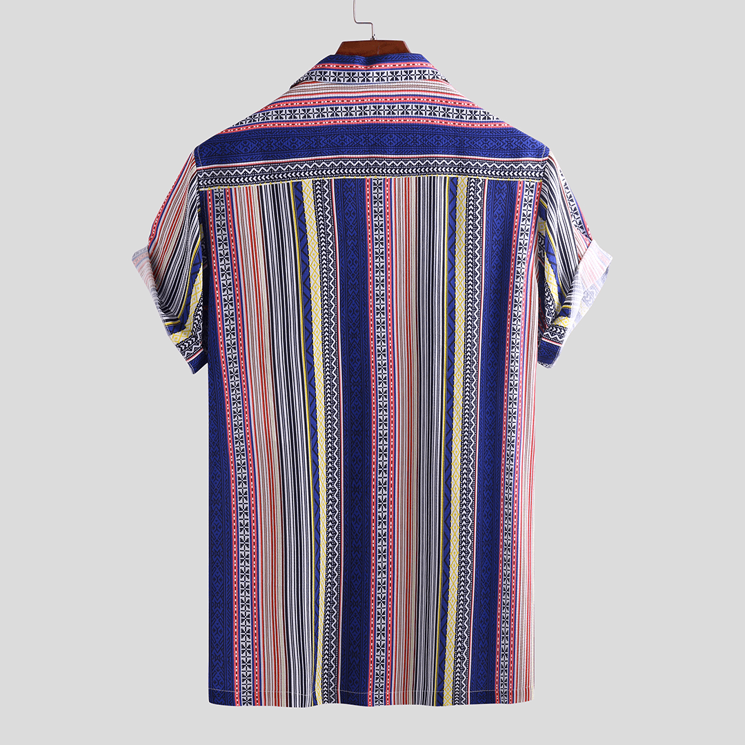 Men Ethnic Stripe Print Short Sleeve Relaxed Hawaiian Shirts