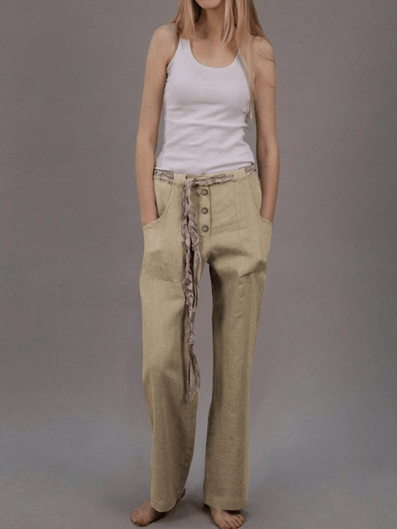 Women Solid Color Elastic Waist Button Loose Casual Pocket Pants