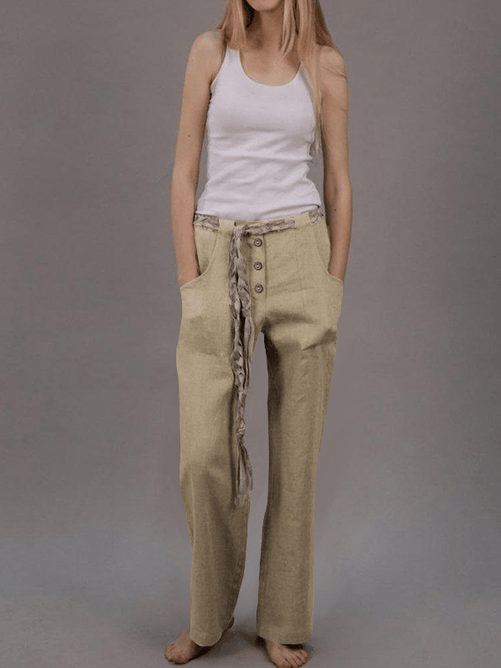 Women Solid Color Elastic Waist Button Loose Casual Pocket Pants