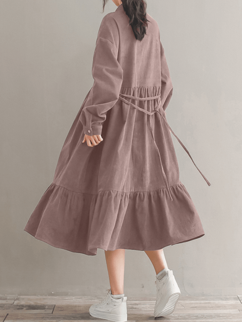 Women Corduroy Casuallace-Up Ruffles Hem Loose Full Sleeve Mid-Calf Length Midi Dress