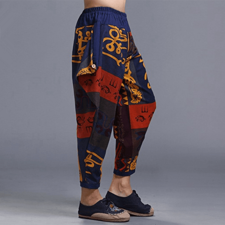 Mens Ethnic Printed Cotton Loose Baggy Bloomers Harem Pants