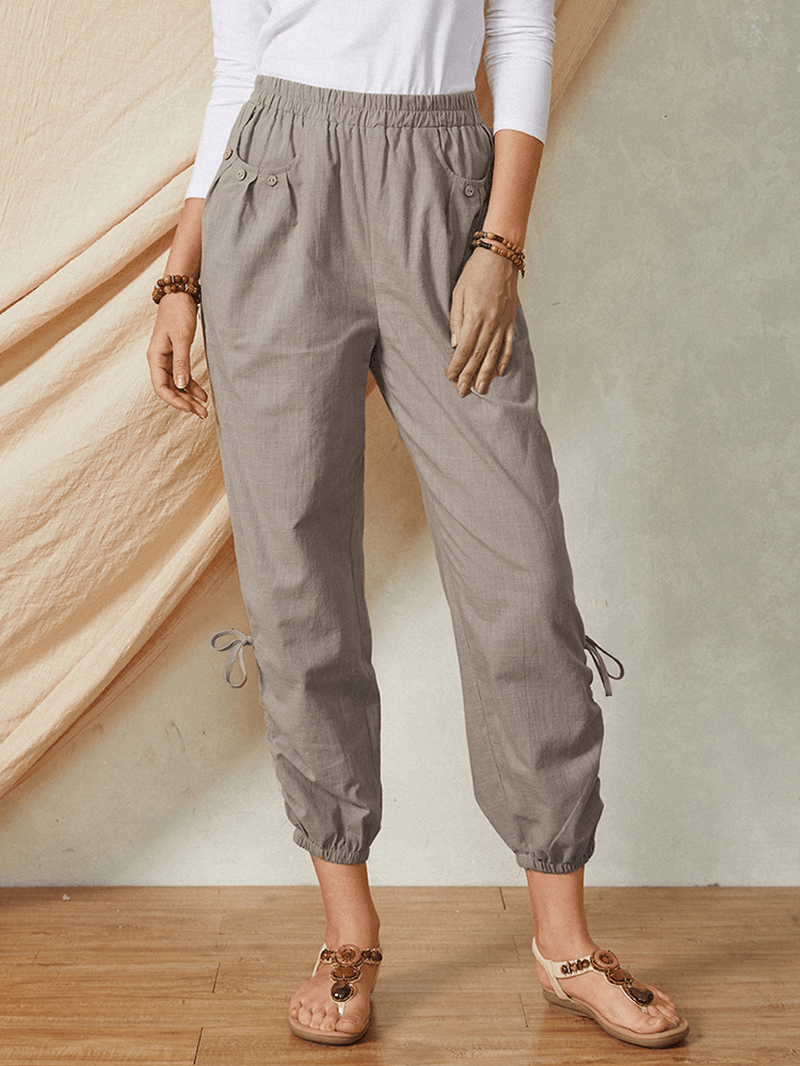 Solid Color Pocket Elastic Waist Drawstring Design Casual Cotton Women Pants