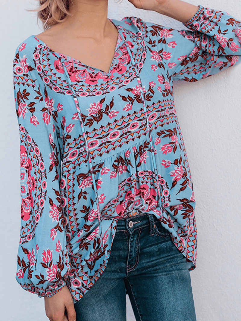 Women V Neck Boho Floral Print Blouse