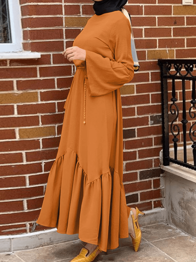 Women Solid Color Ruffle Long Sleeve Simple Kaftan Maxi Dresses