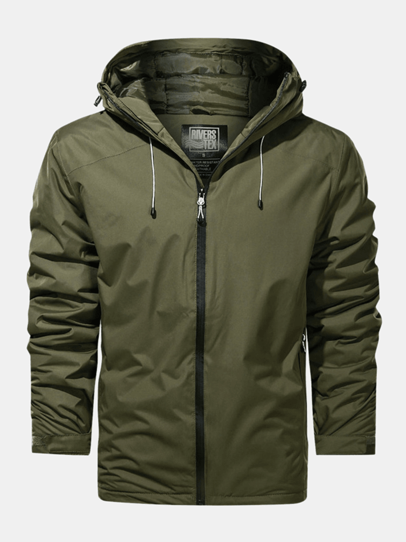 Mens Waterproof Windproof Solid Color Zipper Simple Hooded Jacket