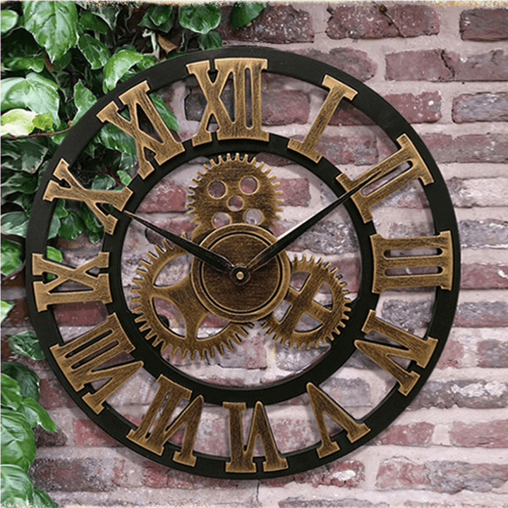 19 Inch Antique Roman Numerals Silent Wall Clock Rustic Wheel Gear Wooden Decor Clock