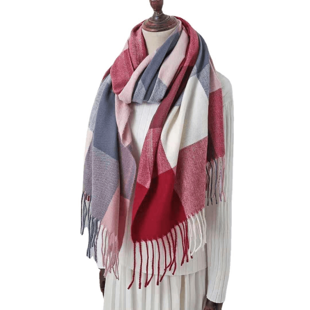 Cashmere Check Scarf Mid-Length Thick Warmth Tassel Shawl