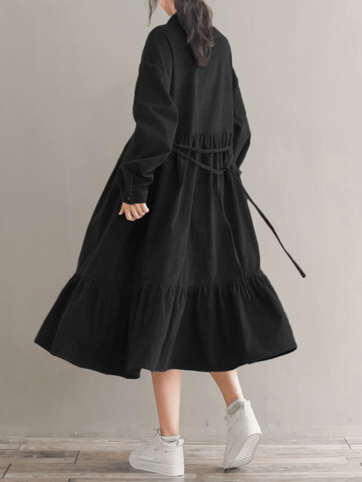 Women Corduroy Casuallace-Up Ruffles Hem Loose Full Sleeve Mid-Calf Length Midi Dress