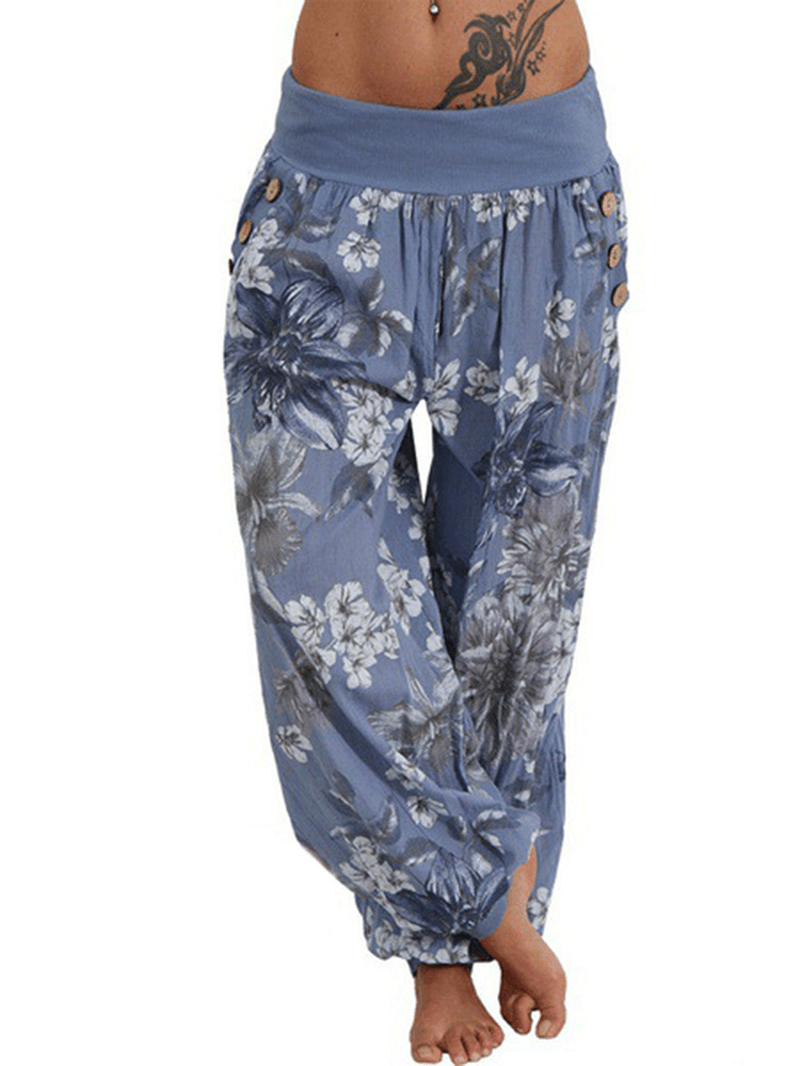 Women Casual Loose Floral Print Button Full Length Pants