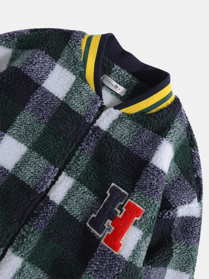 Mens Plush Plaid Letter Applique Patched Baseball Collar Zipper Jacket