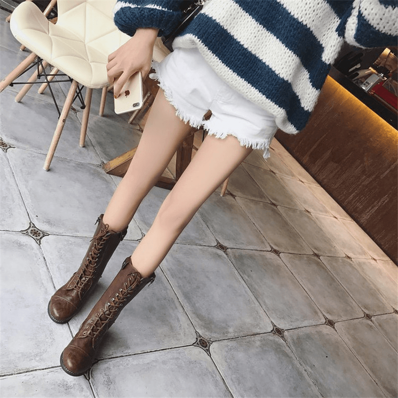 Womens Motorcycle Warm Lace up Winter Casual Mid Calf Boots