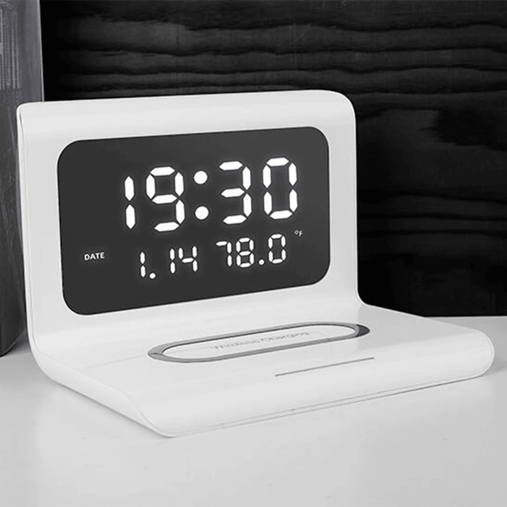 Electric LED 12/24H Alarm Clock with Phone QI 10W Wireless Charger Table Digital Thermometer LED Display Desktop Clock Perpetual Calendar