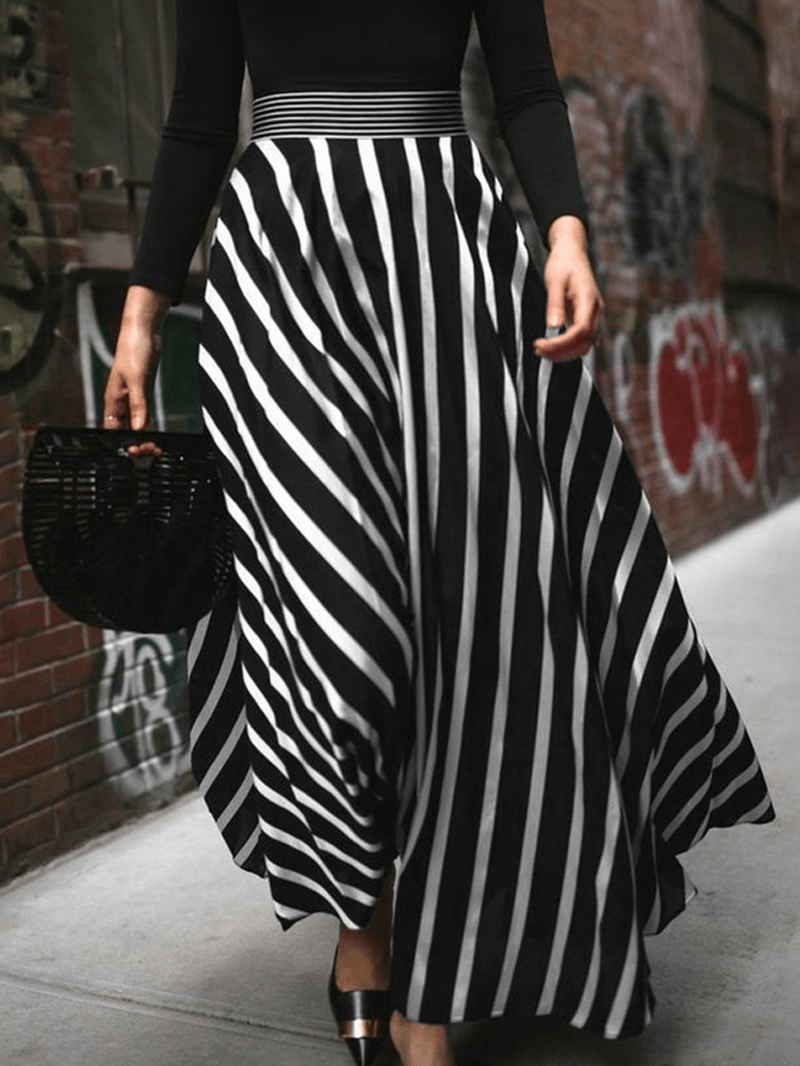 Stripe Print Elastic Waist Back Zipper Leisure Maxi Skirts