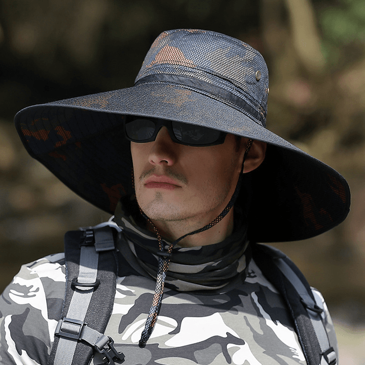 K51 Men'S Summer Hat Outdoor Sun Screen Camouflage Hiking Hats Cycling Fishing Cap Big Brim Fisherman Hat UV Protection