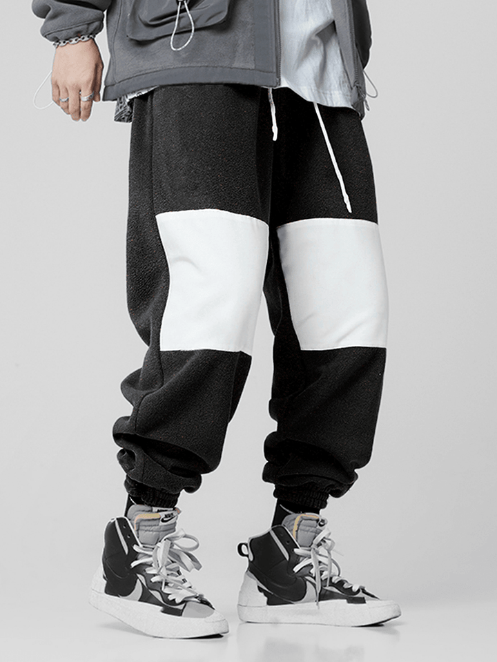 Mens Contrasting Color Patchwork Fleece Drawstring Jogger Pants