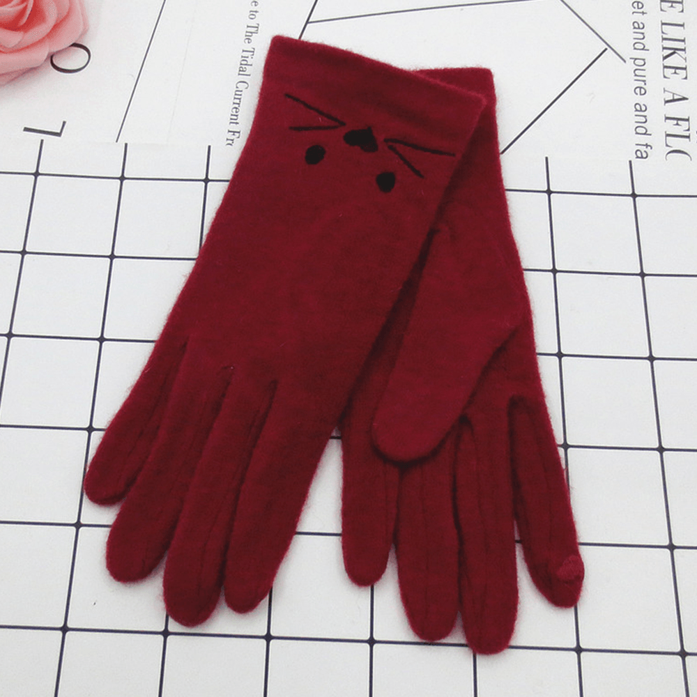 Women Wool Screen-Touchable Embroidery Cartoon Cat Pattern Keep Warm Fashion Casual Gloves