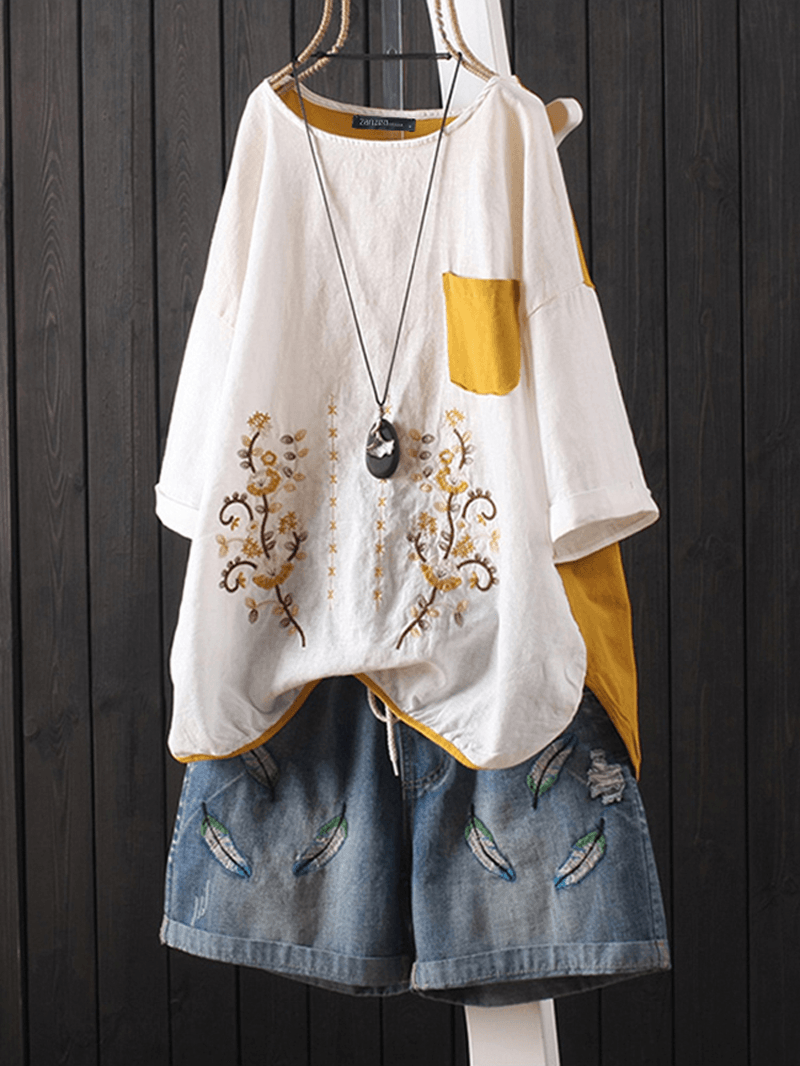 Women Short Sleeve Crew Neck Embroidery Patch Blouse