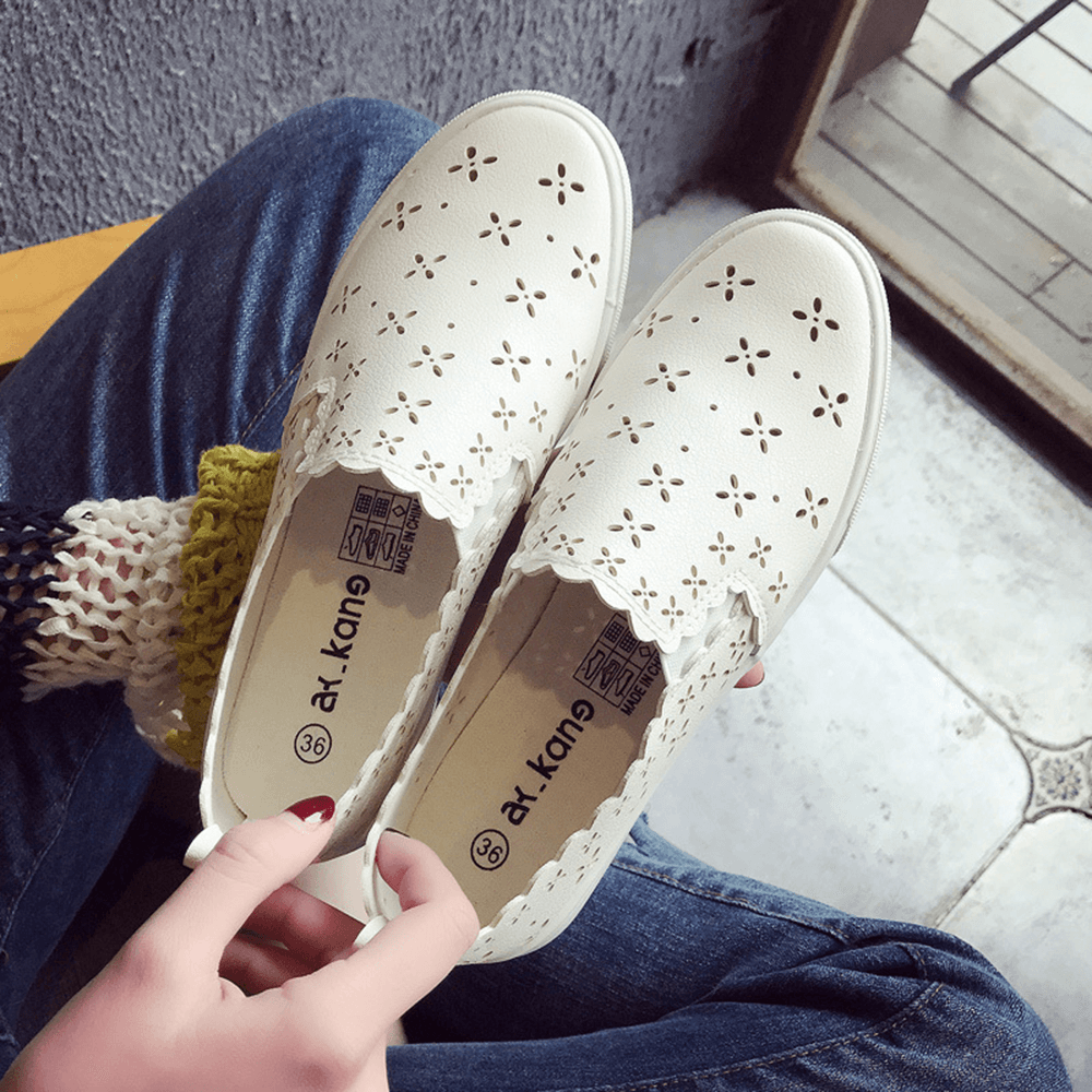 Women Flowers Hollow Comfy Breathable White Flats for Student