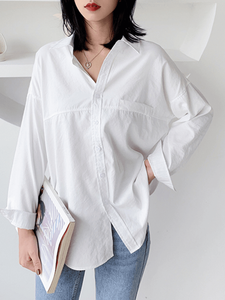 Solid Color Lapel Long Sleeve Plain Daily Casual Shirts for Women